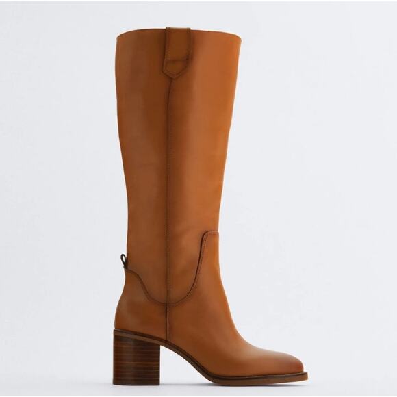 Zara Leather Knee High Block Heel Pull On Boots - Picture 5 of 15